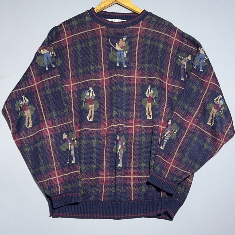 Crossings Vintage Golf Sweater Mens Size XL Plaid Knit AOP USA Made Grandpacore